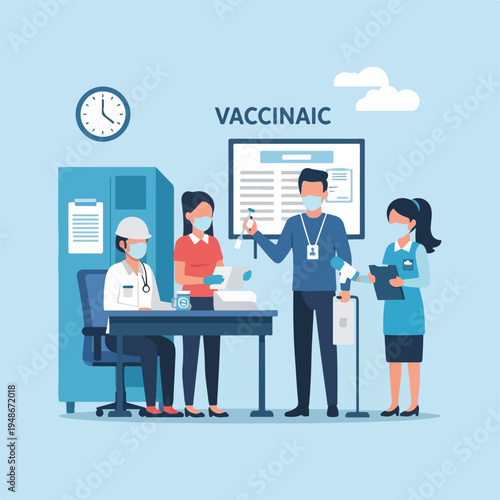 Illustration of a clinic with people wearing masks, readying for vaccination