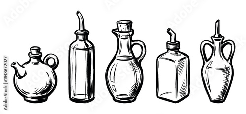 Hand-drawn sketch illustration of various kitchen cruets and bottles for oil or vinegar in a rustic style.