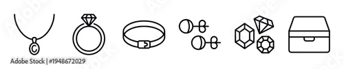 Collection of line art icons depicting various elegant jewelry items and a decorative storage box.