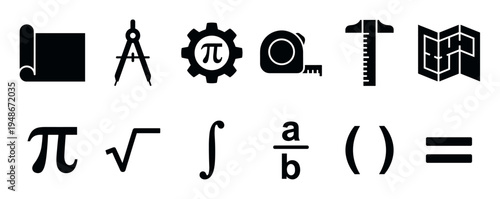 Comprehensive collection of black silhouette icons representing various mathematical symbols and essential engineering tools for education and design.
