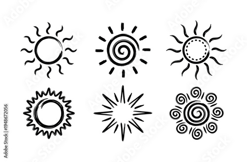 Collection of six unique hand-drawn sun symbols with various styles of rays and central designs.
