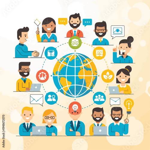 Group of people collaborating around the world with technology