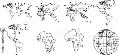 Detailed black and white maps showcasing different regions of the world and a globe. Vector