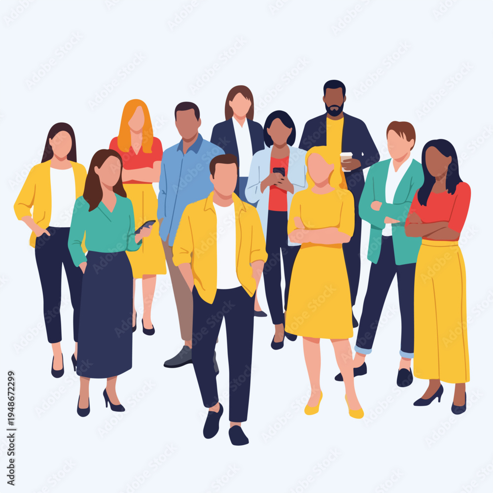 Fototapeta premium Group of diverse individuals in various attire. Standing, casual poses on white background