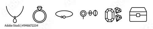 Minimalist line art collection features various jewelry items such as a necklace, ring, bracelet, earrings, diamonds, and a treasure chest.