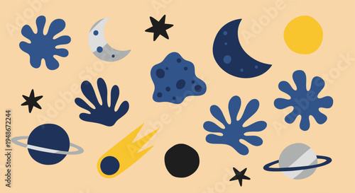 Space and celestial elements set with planets stars and abstract cosmic shapes