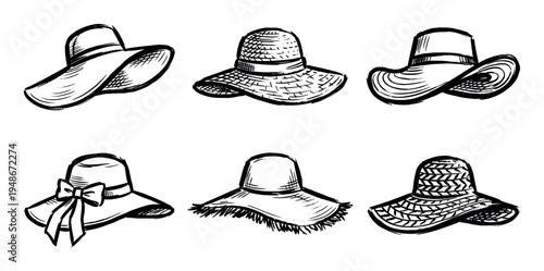 Collection of six hand-drawn summer hats with different styles and textures, perfect for beach and vacation themes.