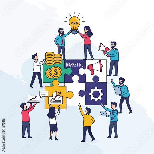 Group of people putting together puzzle pieces, symbolizing teamwork and ideas