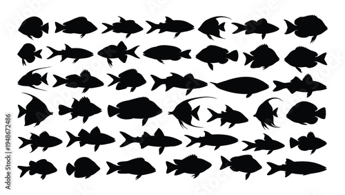 A large school of diverse fish silhouettes swimming in various directions on a clean white background illustration
