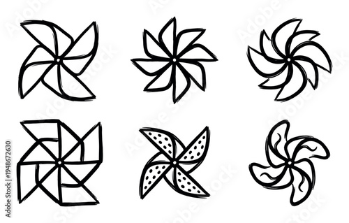 Collection of hand-drawn black and white pinwheel and propeller shapes with a sketchy artistic style.