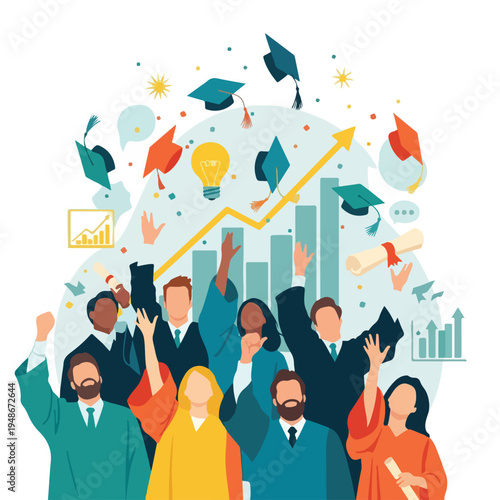 Group of graduates celebrating a milestone with caps and diplomas