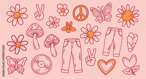 Retro 1970s aesthetic doodle sticker set with flowers and peace signs