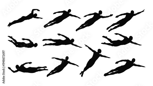 A series of diving silhouettes depicting various stages of human body in free fall from different angles and perspectives