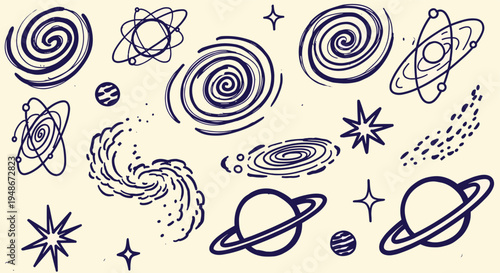 Hand drawn space elements set with planets and galaxies