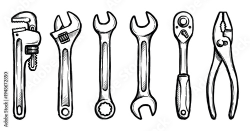 Collection of essential hand tools including various wrenches, a ratchet, and pliers, depicted in a detailed sketch illustration.