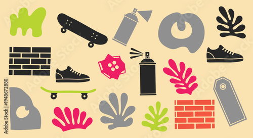 Urban street art elements and skate culture icons pattern