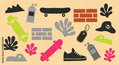 Urban street culture elements collection with skateboards and graffiti art icons