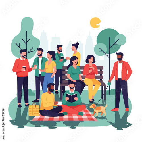 Group of people enjoying a park day with a dog and picnic