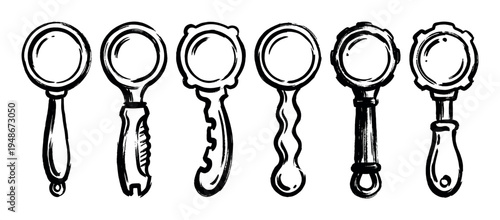Magnifying glasses in a hand-drawn sketch style, showcasing various designs for search, inspection, and detailed examination concepts.