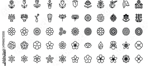 Floral alphabet set with decorative black silhouette flowers and ornamental circular gear shapes in a seamless vector pattern design illustration