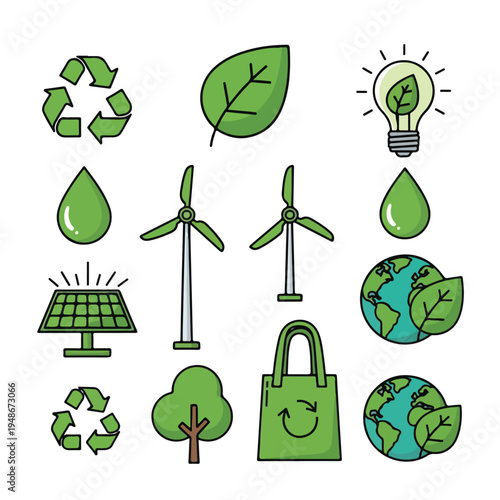 Icons representing environmentally conscious actions and concepts