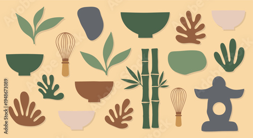 Matcha Tea Ceremony Elements Set with Bowls and Bamboo Whisk