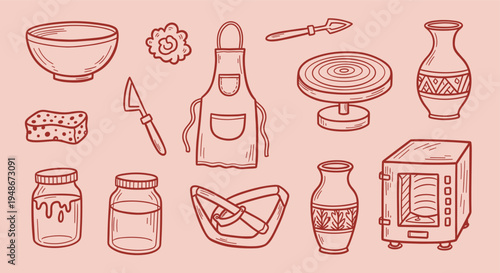 Hand drawn pottery tools and equipment collection