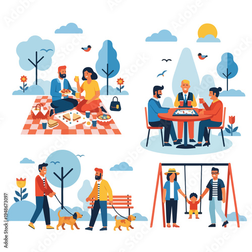 Flat illustration of four scenes picnic, cafe, dog walking, and playground