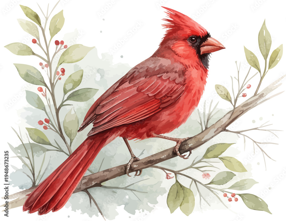 Naklejka premium Red Northern Cardinal Watercolor Bird Illustration, Wildlife Clipart Isolated on White