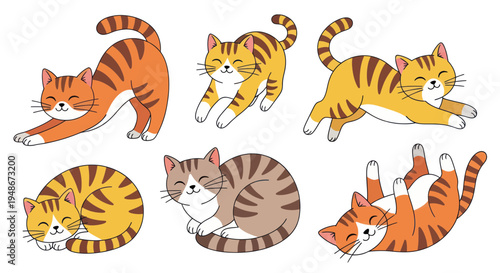 Cute Cartoon Cats in Various Poses - Stretching, Sleeping, Playing
