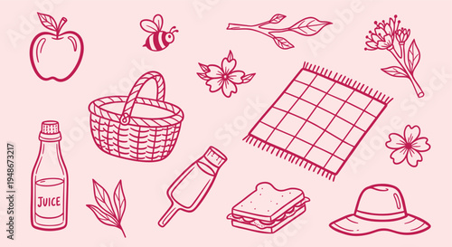 Hand drawn picnic elements set with food and accessories
