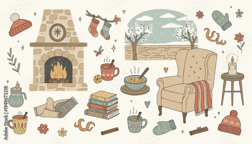 Cozy Winter Home Elements Collection with Fireplace and Reading Chair