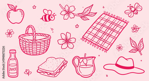 Picnic elements doodle set with food and accessories