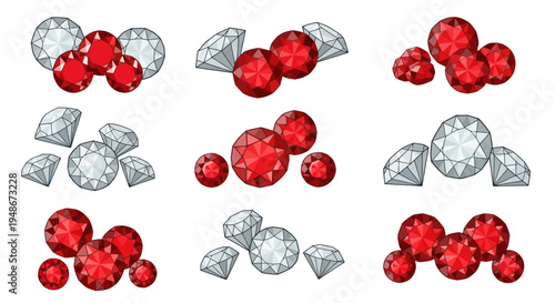 Red Rubies and White Diamonds Gemstones Scattered Isolated White Background
