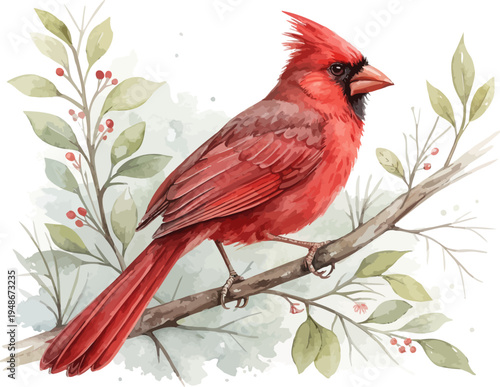 Red Northern Cardinal Watercolor Bird Illustration, Wildlife Clipart Isolated on White