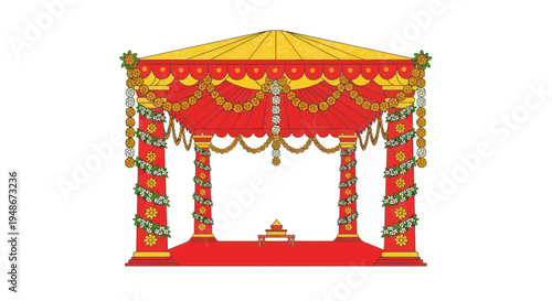 Indian Wedding Mandap Decor, Traditional Hindu Marriage Stage, Red and Gold