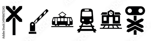 Collection of black silhouette icons depicting railway crossing signs, trains, trams, and a station.