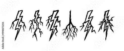 Hand-drawn grunge lightning bolt and root-like symbols create a dynamic and edgy graphic design element.