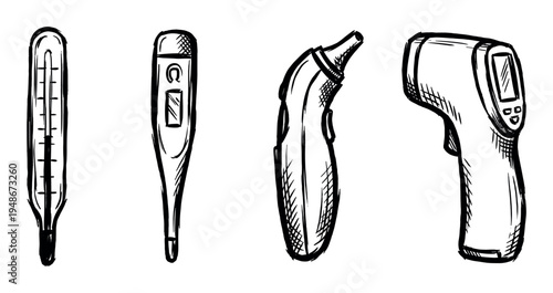 Hand-drawn sketch illustration of various medical thermometers including mercury, digital, ear, and infrared types for health monitoring.