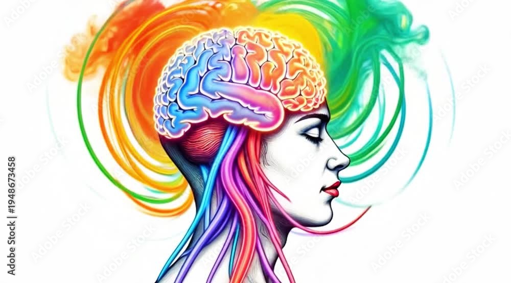 custom made wallpaper toronto digitalA vibrant video illustration of a woman with a colorful brain and hair