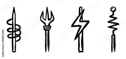 Hand-drawn illustrations feature a collection of stylized mythological and elemental symbols including a staff, trident, lightning bolt, and spring.
