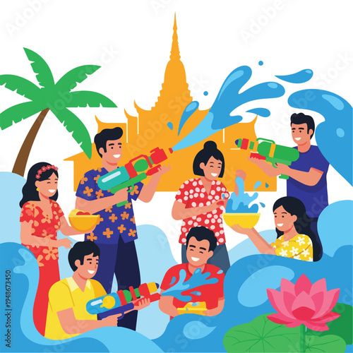 Group of people enjoying a water fight with water guns and bowls