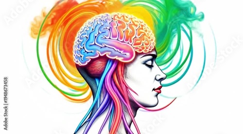 Wallpaper Mural A vibrant video illustration of a woman with a colorful brain and hair Torontodigital.ca