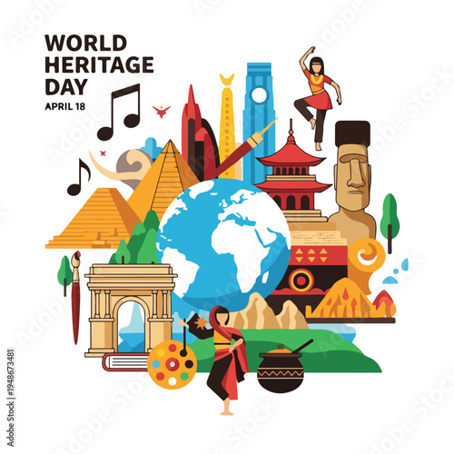 Illustrated World Heritage Day graphic with global landmarks and cultural elements
