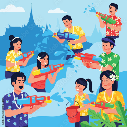 Group of people enjoying water fight with squirt guns at festival