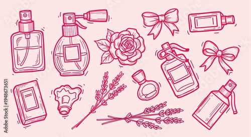 Hand drawn perfume bottles and floral elements set