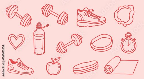 Fitness and Healthy Lifestyle Hand Drawn Icon Set