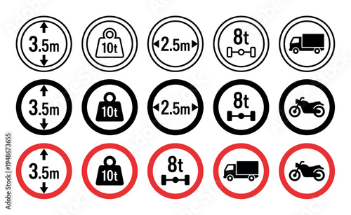 Set of various road restriction and prohibition signs indicating vehicle height, width, weight limits, and restricted vehicle types like trucks and motorcycles.