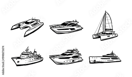Various hand-drawn sketches depict different types of modern luxury boats and sailing vessels for water travel.