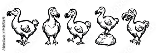 Five hand-drawn black and white illustrations of dodo birds in different poses, showcasing the extinct flightless bird.